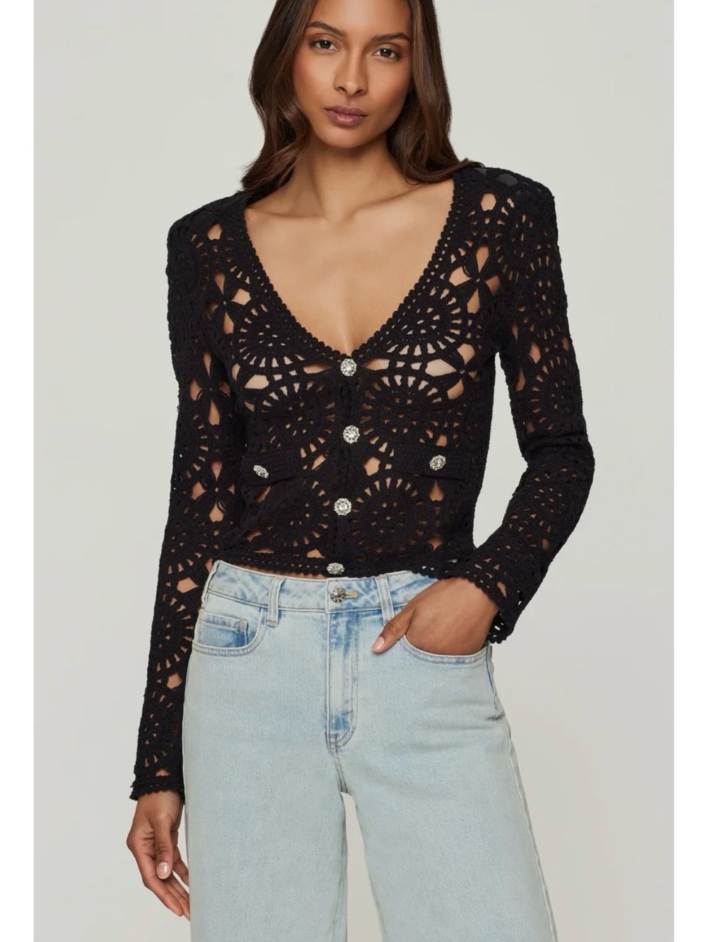 Generation Love Melody Black Crochet V-Neck Rhinestone Button Cardigan